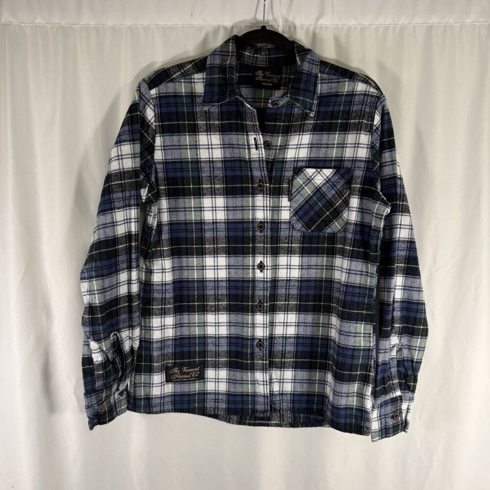 The Vermont Flannel Co Shirt Men's Medium Blue White Plaid Long Sleeve Button Up